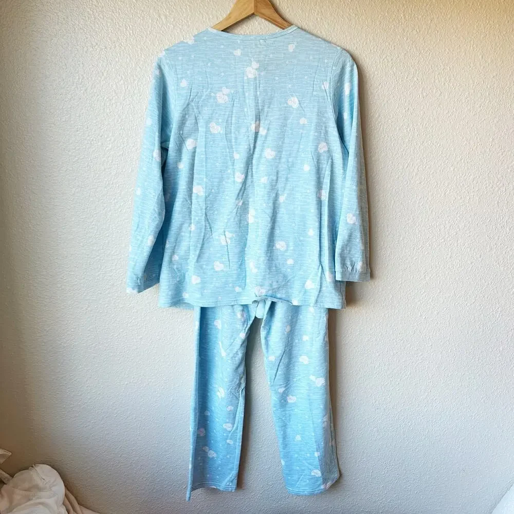 Wacoal Blue Floral Fleece Flannel Pajama Set Heart Lace Pockets Size M